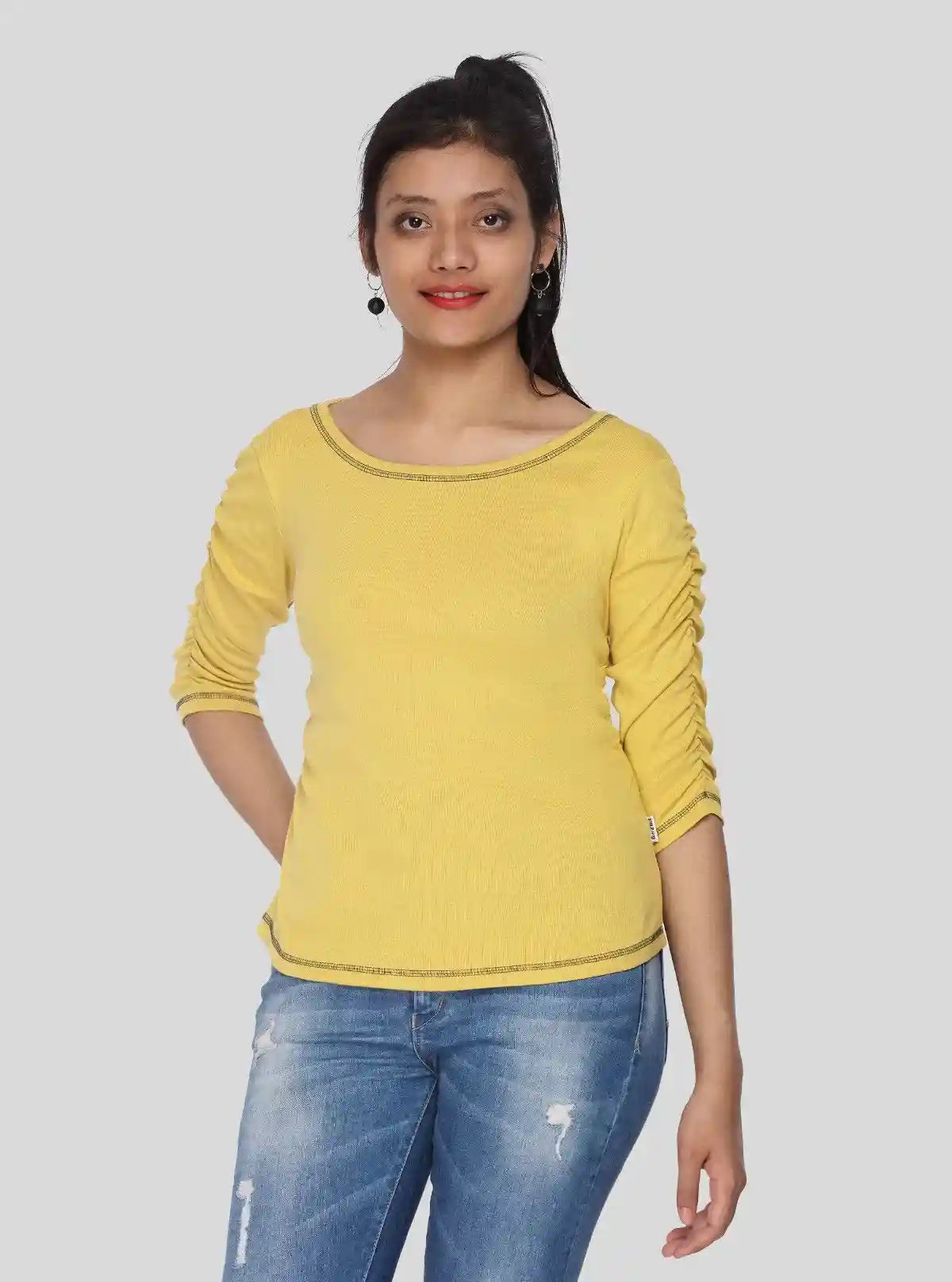Women's Yellow Cotton Jersey Top with Pleated Sleeves | Boer & Fitch | Buy Online at  Boer and Fitch