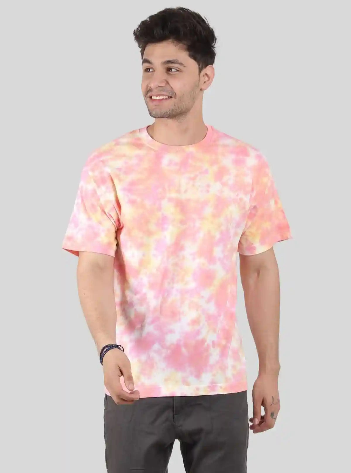 Men’s Pink and Yellow Tie and Dye T‑Shirt – Vibrant Cotton Streetwear Tee | Buy Online at  Boer and Fitch