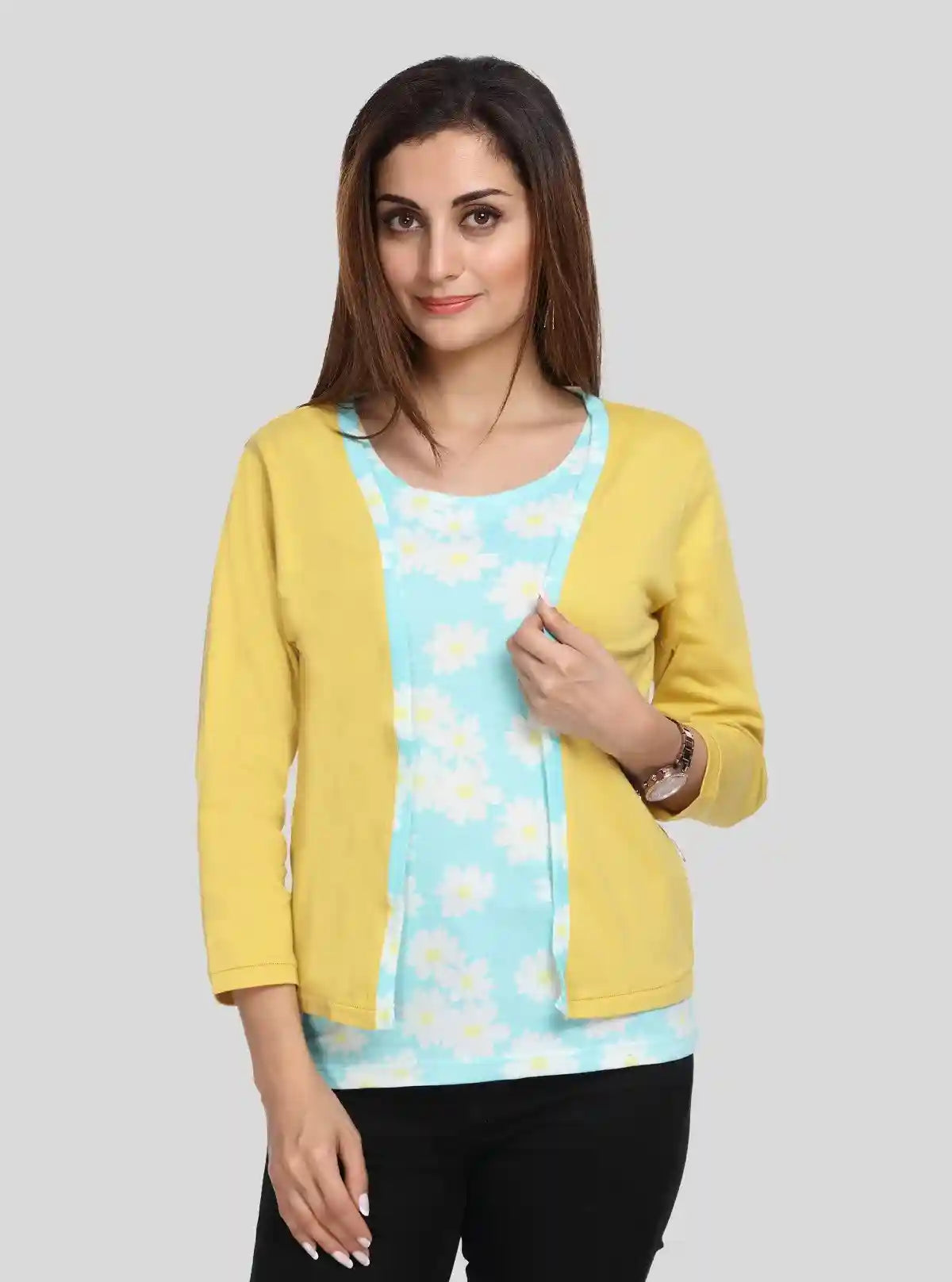 Women's Yellow Cotton Shrug with Blue Floral Print Top – Boer and Fitch | Buy Online at  Boer and Fitch