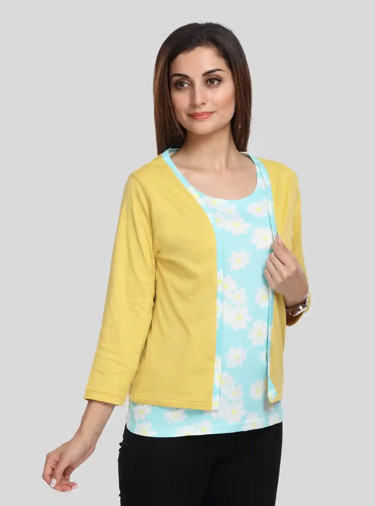 Women's Yellow Cotton Shrug with Blue Floral Print Top – Boer and Fitch | Buy Online at  Boer and Fitch