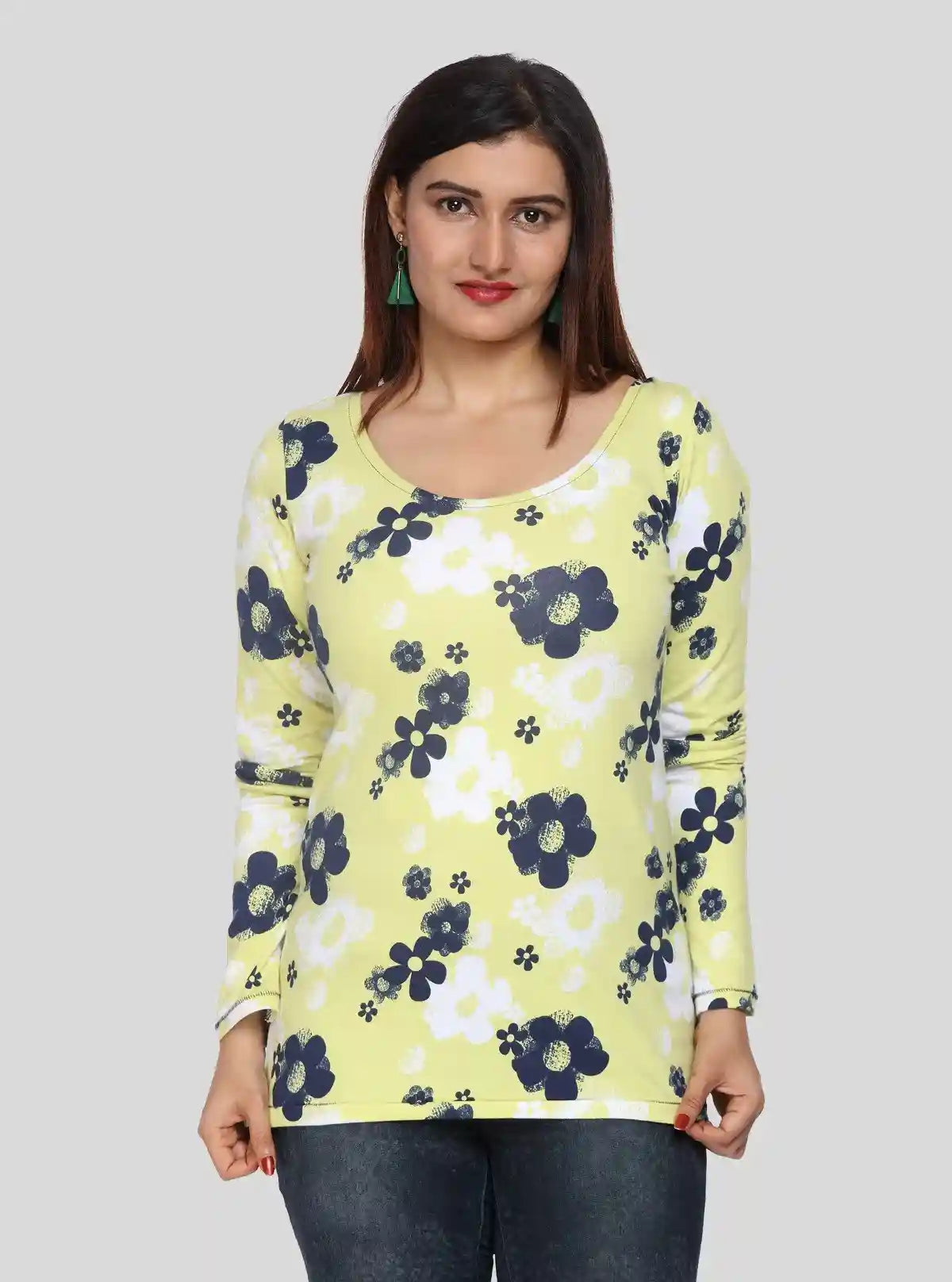 Women's Yellow Floral Print Scoop Neck Long Sleeve Top in Cotton Jersey | Buy Online at  Boer and Fitch