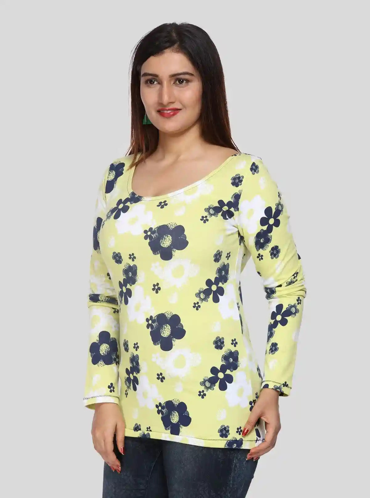 Women's Yellow Floral Print Scoop Neck Long Sleeve Top in Cotton Jersey | Buy Online at  Boer and Fitch